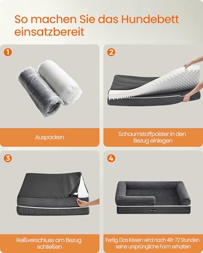 Feandrea Orthopädisches Hundebett, Hundekissen, Hundekorb, weiche Polsterung, Hundesofa, erhöhte Ränder, Bezug abnehmbar und waschbar, 112 x 81 x 18 cm, rutschfeste Unterseite, dunkelgrau PGW068G01V1