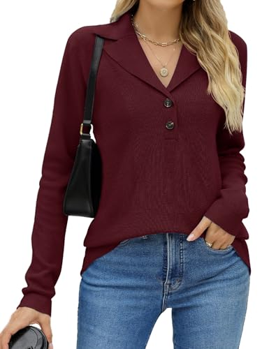 Image of LOMON Sweaters for Women 2025 Fall Knitted V-Neck Collared Button Pullover Dressy Casual Long Sleeve Polo Shirts Business