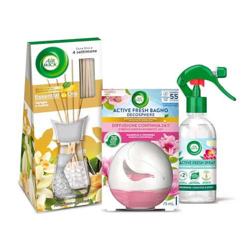 Airwick Ambient Fragrance Kit: 1 Active Fresh Spray (250Ml, White Freesia & Jasmine) + 1 Reed Diffuser (25Ml, Vanilla & Amber) + 1 Active Fresh Bathro