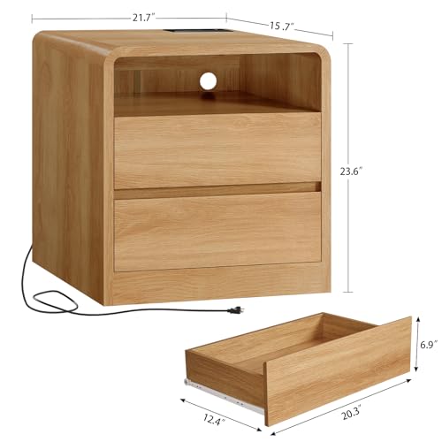 Image of TEENFON Nightstands Set of 2 with Charging Station & LED Lights, Curved Corner Bedside Table 21.7 inch W, 2 Drawers & Open Shelf, USB-C & USB Ports, Natural, Storage End Table for Bedroom /Living Room