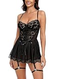 DITSONEO Women’s Lace Mesh Babydoll Lingerie Set Sleepwear with Thong, Sexy Lace Chemise for Bedroom & Honeymoon Black XXL