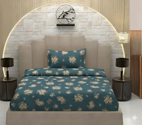 Image of 3D Print Cotton Feel Glace Cotton All Round (Elastic Fitted) Single Bed Bedsheet with 1 Pillow Cover- 4 Feet x 6 Feet - 48 Inches x 72 Inches x 6 Inches(Green Flower)