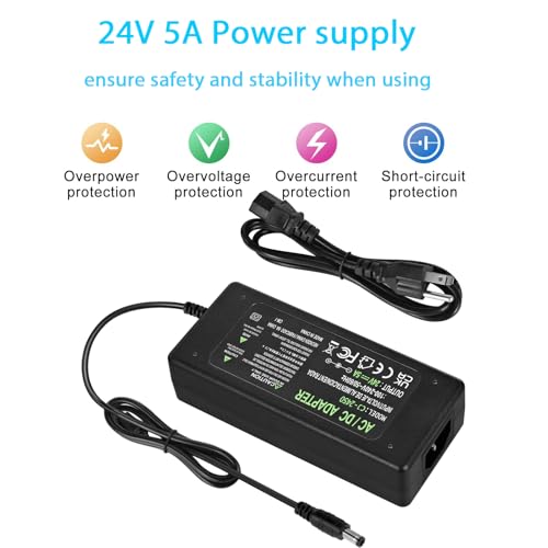 Power Supply 24V 5A,AC 100-240V to DC 24V 120W Converter Adapter Driver Transformer with 5.5mm x 2.5mm/2.1mm Jack, US Plug for Led Strips,LCD Monitors,CCTV Camera2