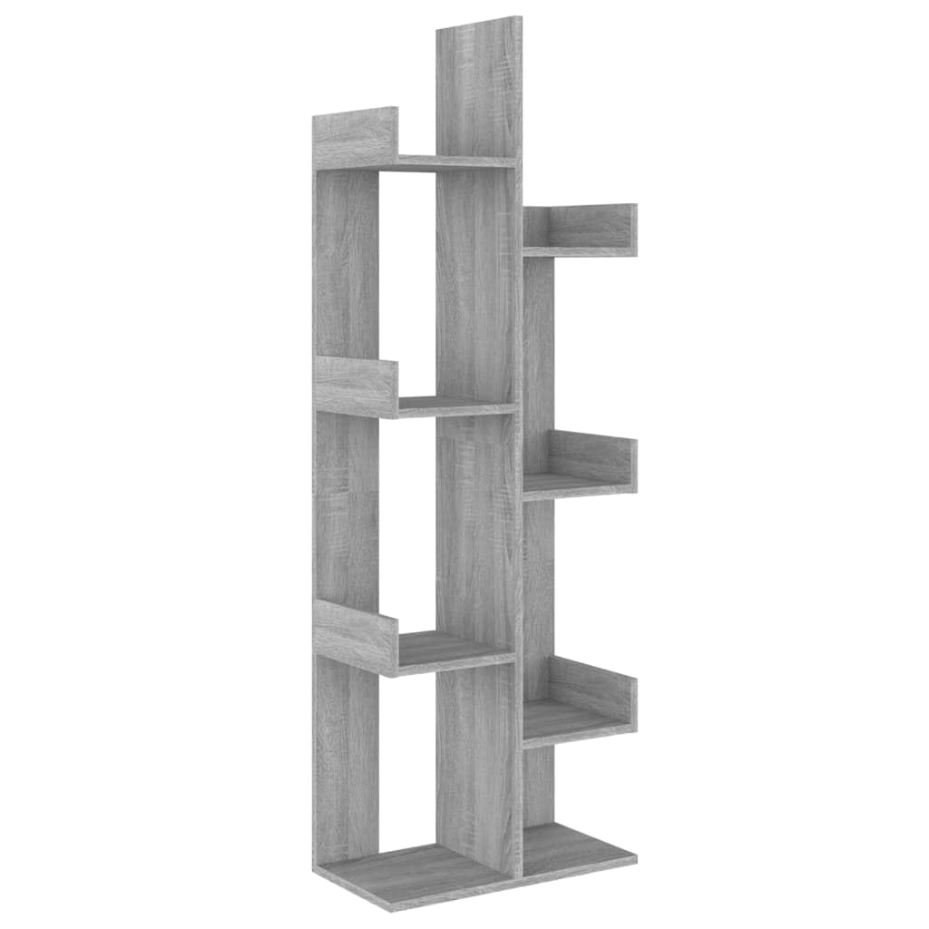 Librería en forma de árbol 48 x 25,5 x 140 cm gris Sonoma madera diseño moderno con soporte de pared ahorra espacio para sala de estar, oficina, dormitorio, pasillo