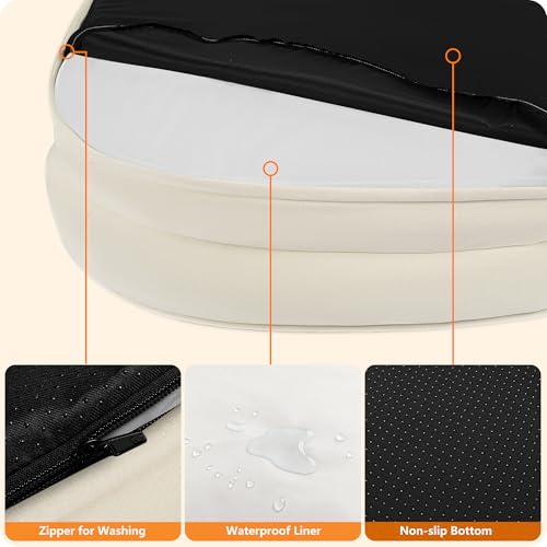 HMTOPE Orthopädisches Hundebett, Hundesofa, Vierseitiges Nackenrolle Kissen, rutschfeste Unterseite Hundekorb, Abnehmbar und Waschbar, Mittelgroße Hunde, Grosse Hunde, 106 x 79 x 17 cm, Beige