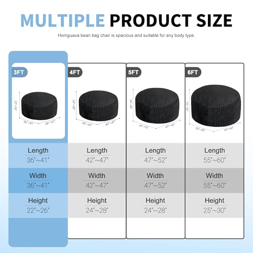 Homguava 3 FT Bean Bag Chair,3' Big Bean Bag,Large Bean Bag Chairs for Adults with Memory Foam Filled,Comfy Beanbag Chairs Soft Bean Bag Sofa with Dutch Corded Plush Cover-Jet Black