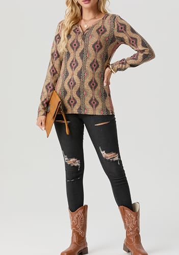IWOLLENCE Womens Long Sleeve Aztec Western T Shirts Vintage Geometry Graphic Henley Tops Casual Button Down Blouse3