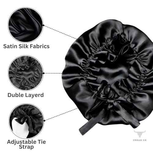 Image of Satin Hair Bonnet for Sleeping | Multi-Use Women and Girls | 3 Scrunchies | 1 Scalp Massager Brush | Anti-Hair-Breakage (Black)