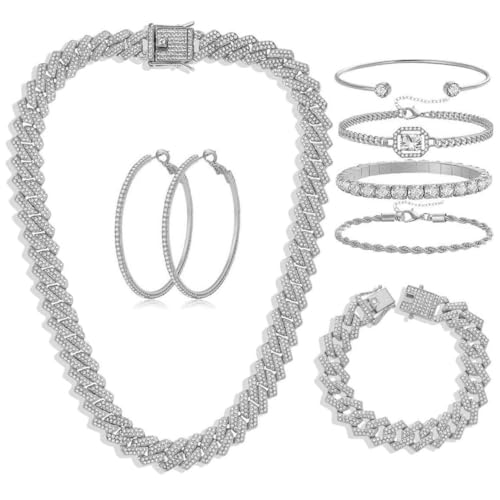 Hip Hop Cuban chain full Diamond necklace Rhinestone bracelet bracelet Gold and Silver women's Jewelry Women's earrings bracelet sets