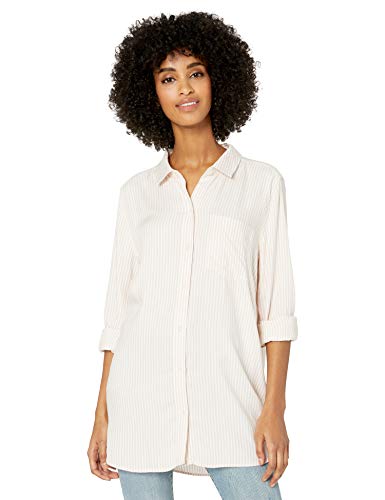 Amazon Brand - Goodthreads Women's Modal Twill Long-Sleeve Button-Front Tunic Shirt, Pink/White Stripe , XX-Large