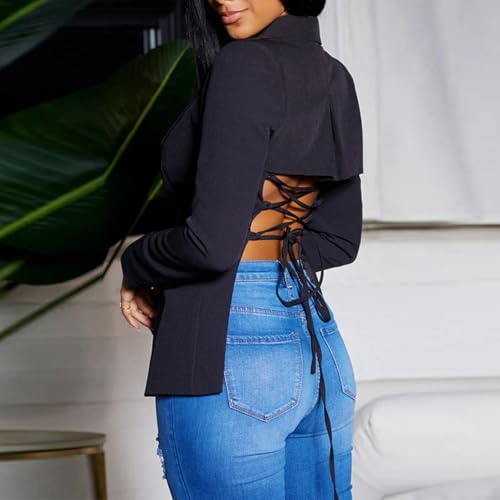 Women's One Button Blazer Coat Sexy Casual Lace Up Backless Deep V Neck Work Office Blazers Jacket3