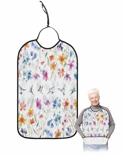 Flower Birds Adult Bib for Adults Men, Women, Spring Summer Watercolor Colorful Floral Washable & Adjustable Terry Cloth Bib with Crumb Catcher Reusable Waterproof Clothing Clothes Protector Apron