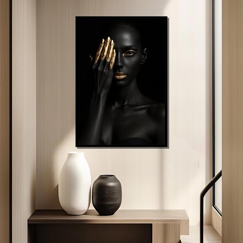 Tableau sur toile femme noire maquillage doré art mural africain salon portrait minimaliste de luxe - 3