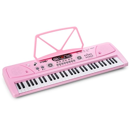 MAX KD61 – Teclado electrónico 61 teclas con batería recargable, función grabación, MIDI USB, micrófono incluido, piano para principiantes portátil compacto, órgano electrónico, color rosa