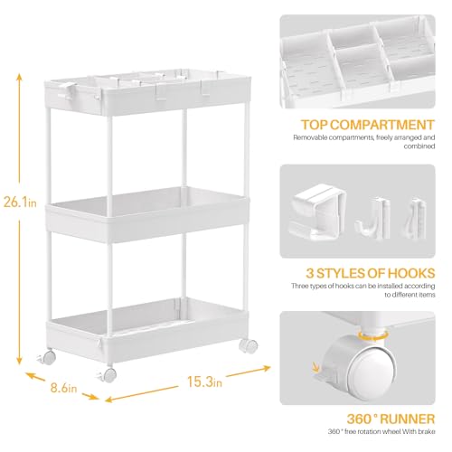 Image of SPACELEAD 3 Tier Rolling Cart with Wheels, Storage Craft Art Trolley Organizer Serving, 3 Hanging Baskets Easy Assembly, for Office, Bathroom,Living Room, Kitchen, White