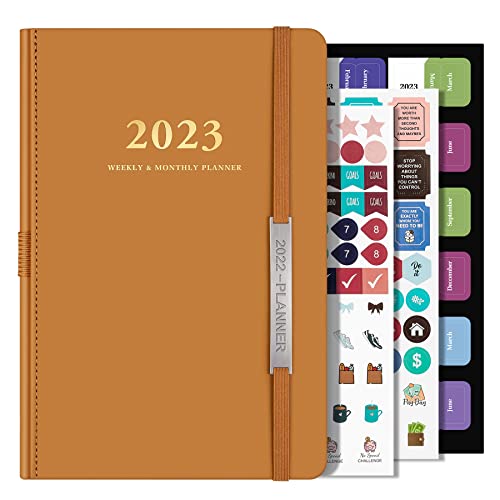 Planner 2022 2023-Academic Planner From Jul. 2022 To Jun. 2023, Weekly Monthly Daily Planner 2022-2023, Calendar Stickers, Faux Leather Cover, Pen Holder, 5" X 8"(Brown Leather) (New Edition) #TOP20