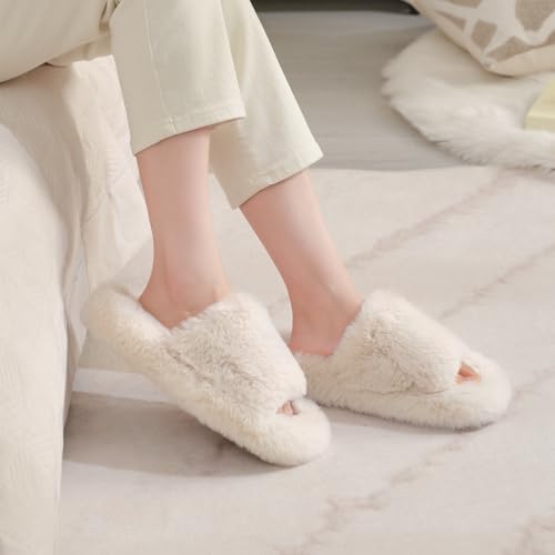 SNOWDROP Women's Open Toe House Slippers,Soft and Cute Fluffy Faux Plush Indoor Outdoor Non-slip Bedroom Slippers3