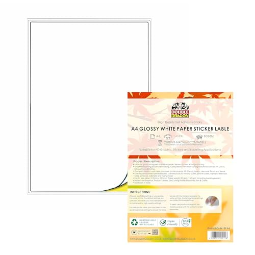 Double Dragon, Pack of 50 Sheets of A4 Glossy White Printable Sticker Paper, Self-Adhesive Labels, Compatible with Laser Printer, 1 Label Per Sheet, Ideal for Shipping, Crafting, and Multi-Purpose Use