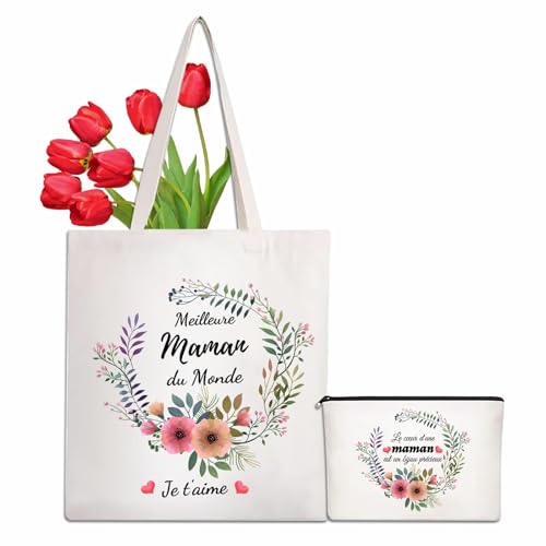 LIHIQIYA Cadeau Tote Bag avec Petite Pochette Sacs Coton Cadeau Maîtresse Sac en Toile Merci Maitresse Tote Bag Femme Sac Tissu Sac Fourre Tout Cadeau Fin d'année Scolaire, Maman
