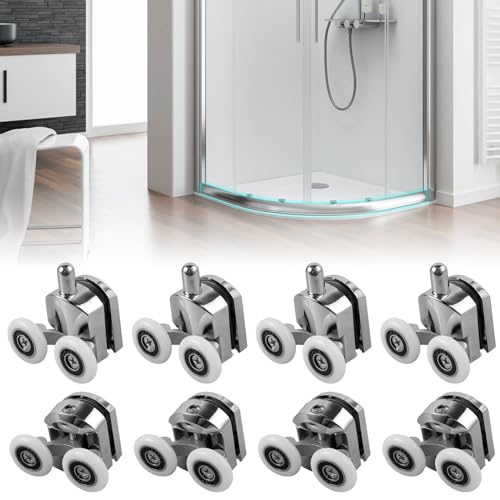 DJAPWPX 8Pcs Curved Shower Door Rollers 23mm Aluminum Alloy Top and Bottom Shower Wheel Quiet Shower Door Pulley Replacement with Anti-Collision Pad and Screws for 4-6mm Glass Door, Silver