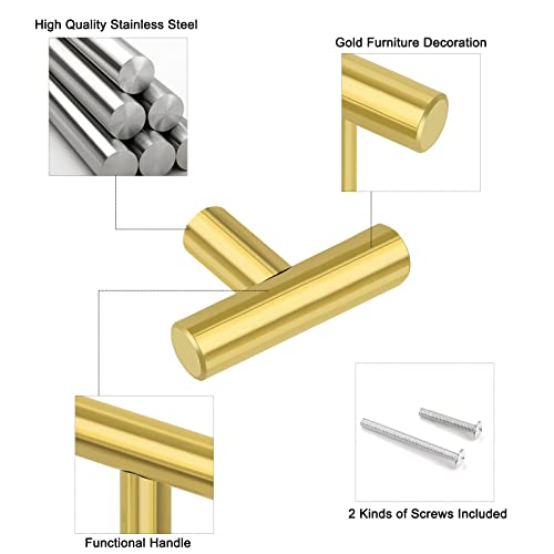 Probrico (15Pack Gold Cabinet Knobs 2" Overall Length, Modern T Bar Knobs Single Hole Dresser Pulls, Euro Style Stainless Steel Kitchen Bathroom Drawer Handles #TOP8