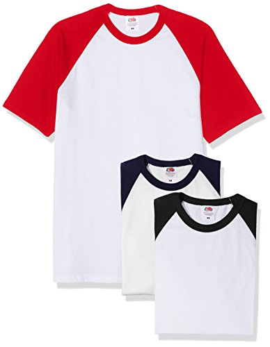 Fruit of The Loom Camiseta clásica de béisbol de Manga Corta para Hombre (Paquete de 3), Blanco, Negro, Blanco, Azul Marino, Blanco y Rojo, L