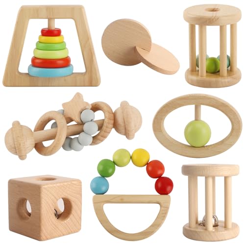 Image of Wooden Baby Rattle, 8PCS Wooden Baby Toys for 7-24 Months Babies, Wooden Montessori Grasp Toy, Natural Beech Wood Baby Grip Toy, Wooden Rattles Toy for Infant Grasping (Colorful)
