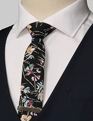 Image of Men's Skinny Tie Floral Cotton Necktie and Tie Bar Clip Sets, Great for Weddings,Groom,Groomsmen