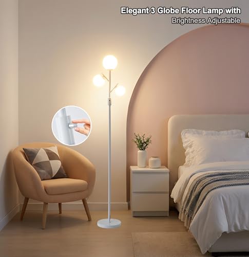 Image of Fiqevs Mid Century Modern 3 Globe Tree Floor Lamp - Dimmable LED Standing Lamp with Bulbs, Warm Light for Living Room Bedroom Office - White