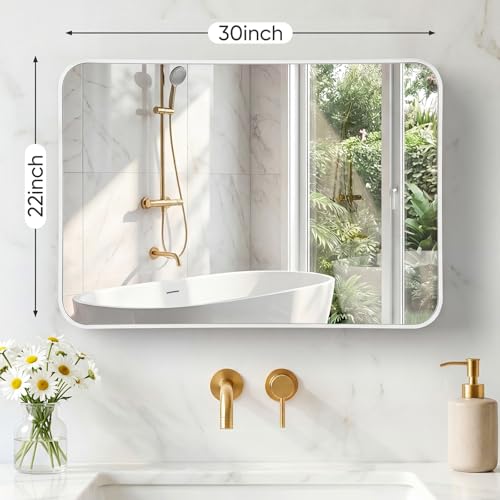 Image of Sweetcrispy Bathroom Mirror 30x22 Inch Metal Framed Rounded Rectangle Vanity Mirror for Wall, Over Sink, Farmhouse, Restroom, Anti-Rust, Modern Decorative, Horizontal or Vertical Hanging, White