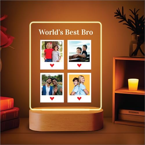 Image of Giftplease Personalized Photo Acrylic Night Light with Wooden LED Base - Custom Text Lamp for Bedroom Decor, Unique Birthday, Anniversary, Rakhi & Keepsake Gift for Brother, Friends