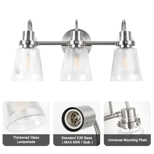 Image of Brushed Nickel Bathroom Light Fixtures, 18.8 Inch Modern Vintage Vanity Lights with Clear Striped Glass Shade, 3-Light Bathroom Wall Sconce Over Mirror for Entryway Bedroom