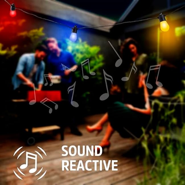 Energizer Smart RGBW+IC Outdoor String Lights, 24ft, 12 Multi-Color & White Sound Reactive LED Bulbs, IP65 Water & Weather Resistant, Voice Control with Alexa, Google, Siri, Grouping, Scheduling