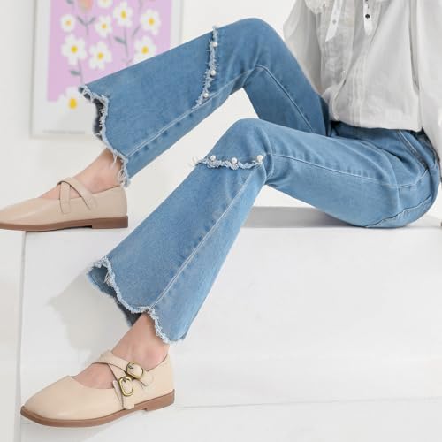 Girls Flare Jeans Split Hem Bell Bottom Pearl Denim Pants Elastic Waist Jean Streewear Trouser for Kids 5-16 Years2