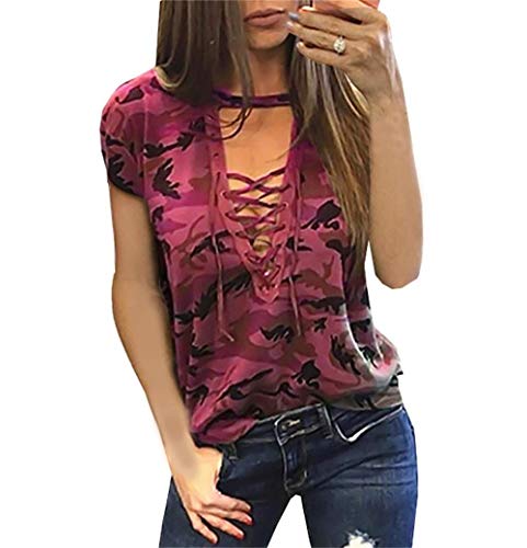 Smile Fish Women Camouflage Print V-Neck Lace-up T-Shirt (001# Pink Camo, US 10/Tag Size L)