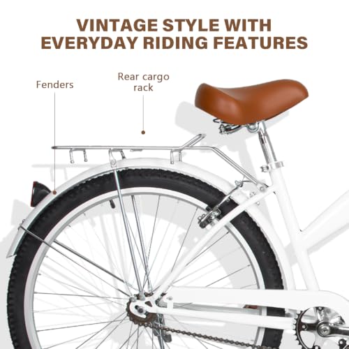 Image of WEIZE Beach Cruiser Bike, 24 26 inch Commuter Bicycle for Adult Men and Women, Front & Rear Fenders, Comfortable City Bikes with Rear Rack&Basket, Ergonomic Upright Design