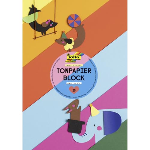 folia 600 - Block mit Tonpapier, 130 g/m², DIN A4, 20 Blatt, sortiert in 10 Farben, ideale Grundlage für vielfältige Bastelarbeiten wie Fensterbilder, Scrapbooking, Kartengestaltung