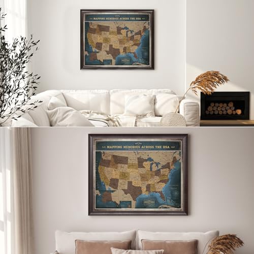 Image of DECORARTS - Personalized Framed USA Push Pin Travel Map in Deep Blue, Large Vintage Explorer Style, Custom Name or Phrase, Blue Map Wall Decor Giclee Canvas for Living Room or Office, Made in USA