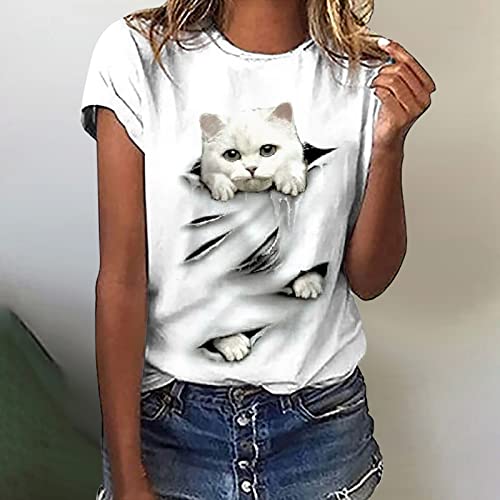 image for ZSDVBZS Womens Tops 3D Cat Printed T Shirts Summer Casual Crewneck Sho