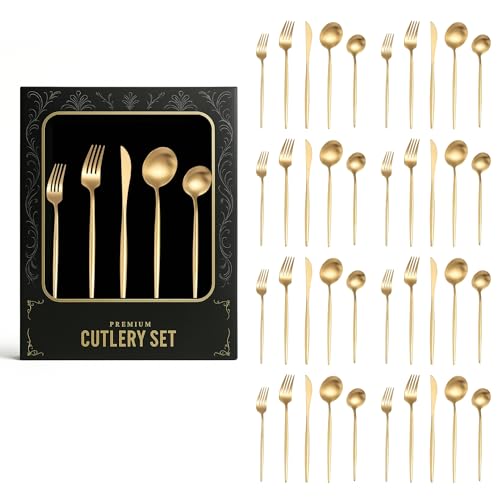 Image of aDai Korean Premium 40 Piece Stainless Steel Cutlery Set | Modern Flatware for Dining | Elegant Gift Box for Everyday Use (Gold)