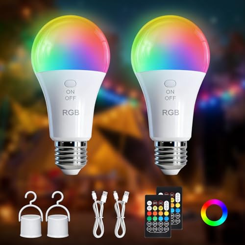 Kambo E27 LED RGB Ampoule, Rechargeable, avec télécommande, 7W intensité variable, Changement de couleur, Fonction de minuterie, pour camping en plein air,...