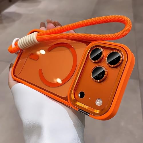 Coque compatible iPhone 16 Pro Max avec film objectif et support orange