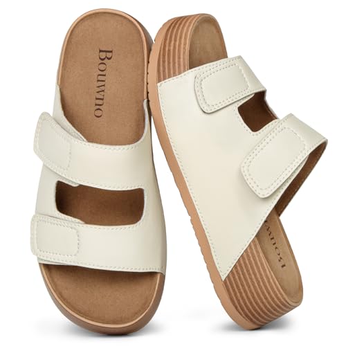 Image of Platform Sandals Women Genuine Leather Slip-on Beach Slide Buckle Comfortable Sandals with Memory Foam Soft Lining and Open Toe Low Wedges
