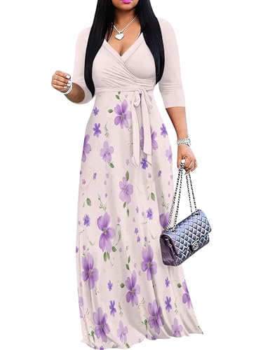 Image of PinkPatty Plus Size Maxi Dresses for Women Casual Flowy Long Dress 3 /4 Sleeve V Neck Wrap Dress with Belt