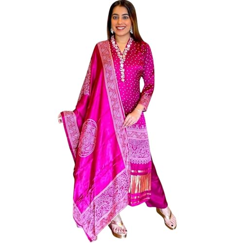 Kraphooli Women’s Indian Ethnic Kurta Pant Dupatta Set in Chinon