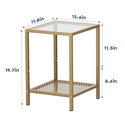 Image of SAYGOER Glass Side Table Small Gold End Table for Narrow Space 2-Tier Square Nightstand with Storage,13.3 inch x 11.8 inch x 19.7 inch,Modern Bed Side Table with Metal Frame for Bedroom Living Room, Easy Assembly