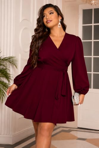 Image of RED DOT BOUTIQUE 836 - Chiffon Long Sleeves Wrapped V Neck Long Waist Ties Club Solid Black Dress Plus Size