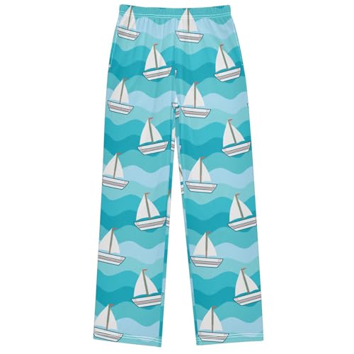 Boy's Pants Cute Sailboat Blue Sea Wave Jogger Pants Elastic Waist Long Bottoms Trousers with Pockets 6-14 Years