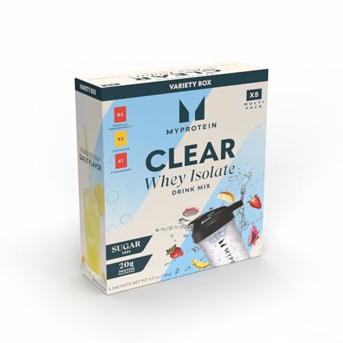 Image of Myprotein Clear Whey Isolate Protein Powder Drink Mix - 5 Count Variety Pack Sampler (Lemonade, Tropical Dragonfruit, Strawberry) - 20g Protein, Sugar Free, Low Calorie, Juicy Protein Water