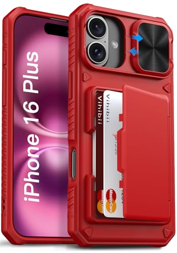 Image of Vihibii for iPhone 16 Plus Wallet Case with Card Holder (4 Cards) [RFID Blocking] & Slide Camera Cover & Raised Edges Protect Screen, Shockproof Rugged Phone Case for iPhone 16 Plus 6.7 inch, Red